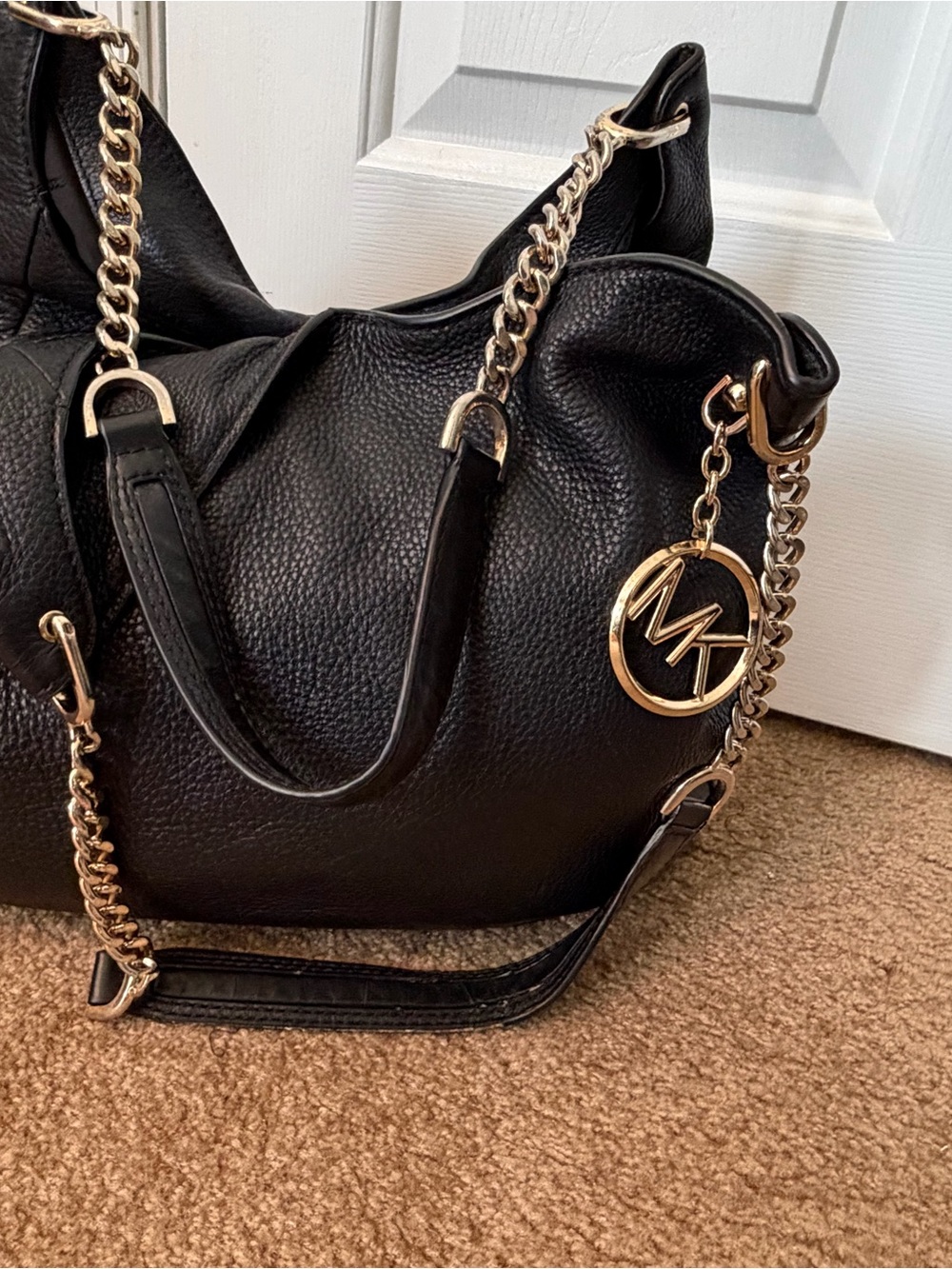 Michael Kors Black Pebbled Leather Hobo Shoulder Bag Gold Hardware